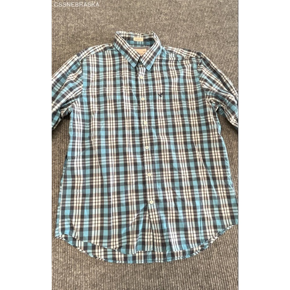 American Eagle Men's Blue Plaid Long Sleeve Athletic Fit Button Down Shirt XL